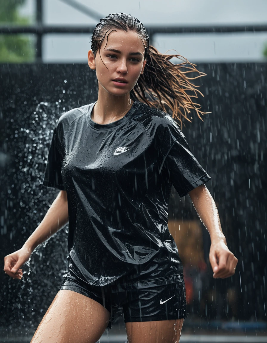 photo of young woman, in soaking wet, drenched clothes,
nike shorts, black nike tshirt, , 
enjoying, wet clothes stuck to body,
detailed textures of the wet clothes, wet face, wet plastered hair,
wet, drenched, professional, high-quality details, full body view.
sharp focus, ultra-high pixel detail, realistic, high-quality, full colors, incredibly detailed, 4k, 8k, 16k, hyper-realistic, RAW photo, masterpiece, ultra-detailed, professionally color graded, professional photograph, guy