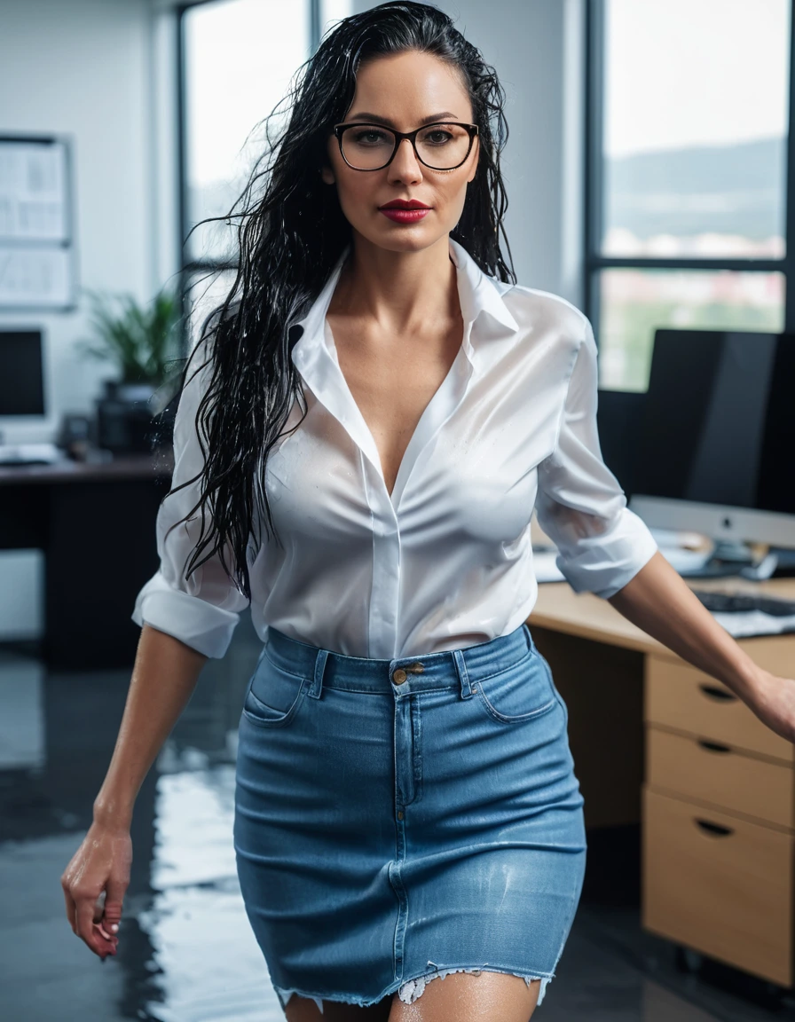 photo of young woman, in soaking wet, drenched clothes,
office shoes , midi light blue tight jeans skirt, white silk satin shirt, walking in the office, 
enjoying, wet clothes stuck to body,
detailed textures of the wet clothes, wet face, wet plastered hair,
wet, drenched, professional, high-quality details, full body view.
sharp focus, ultra-high pixel detail, realistic, high-quality, full colors, incredibly detailed, 4k, 8k, 16k, hyper-realistic, RAW photo, masterpiece, ultra-detailed, professionally color graded, professional photograph, woman 51 years old, long black hair, very big and thick lips, office glasses, complete body, open mouth