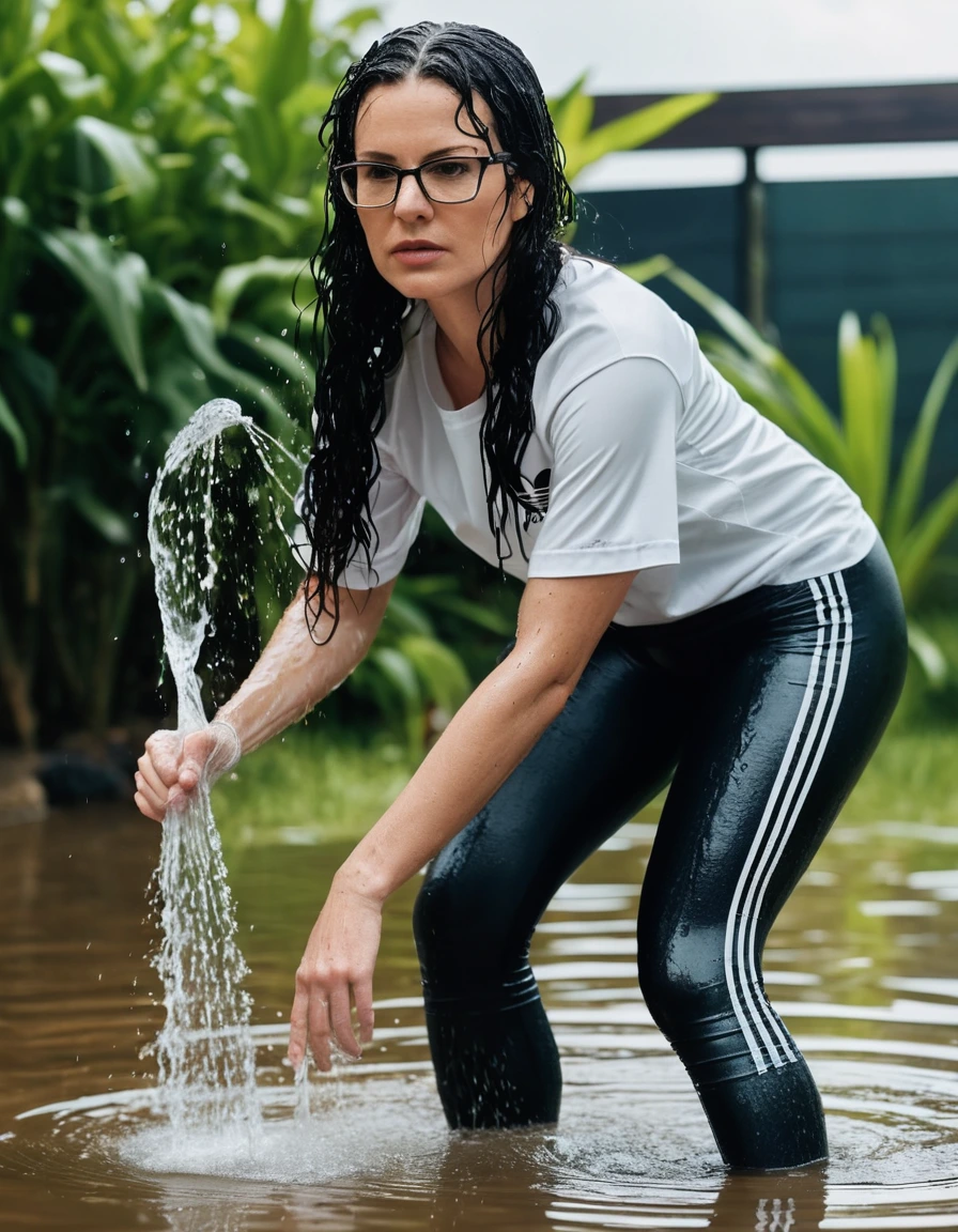 photo of young woman, in soaking wet, drenched clothes,
Sport shoes , long black adidas leggins, white adidas top with short sleeves, taking shower complete submerged in the flooded garden, 
enjoying, wet clothes stuck to body,
detailed textures of the wet clothes, wet face, wet plastered hair,
wet, drenched, professional, high-quality details, full body view.
sharp focus, ultra-high pixel detail, realistic, high-quality, full colors, incredibly detailed, 4k, 8k, 16k, hyper-realistic, RAW photo, masterpiece, ultra-detailed, professionally color graded, professional photograph, woman 51 years old, long black hair, very big and thick lips, office glasses, complete body, open mouth