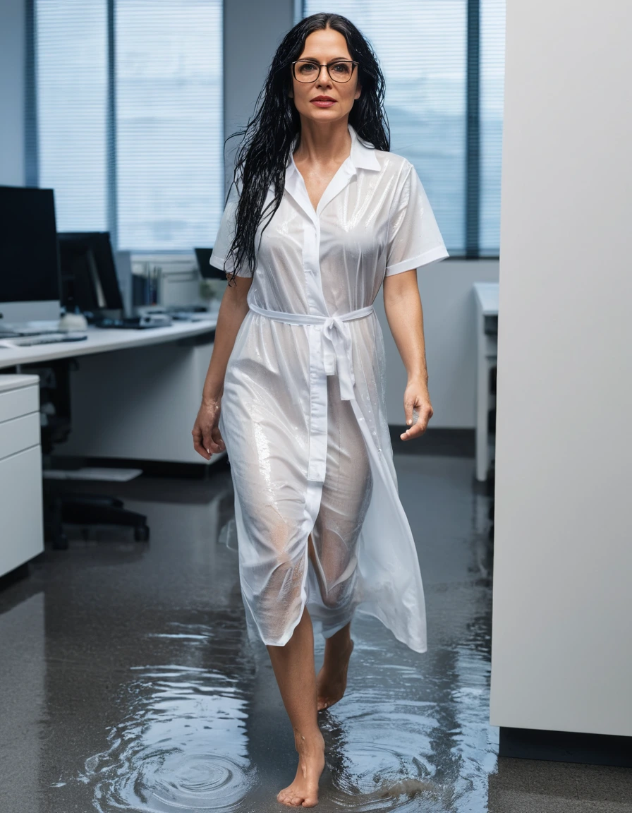 photo of young woman, in soaking wet, drenched clothes,
office shoes , long white t-shirt dress, long white t-shirt dress, walking in the office, 
enjoying, wet clothes stuck to body,
detailed textures of the wet clothes, wet face, wet plastered hair,
wet, drenched, professional, high-quality details, full body view.
sharp focus, ultra-high pixel detail, realistic, high-quality, full colors, incredibly detailed, 4k, 8k, 16k, hyper-realistic, RAW photo, masterpiece, ultra-detailed, professionally color graded, professional photograph, woman 51 years old, long black hair, very big and thick lips, office glasses, complete body, open mouth