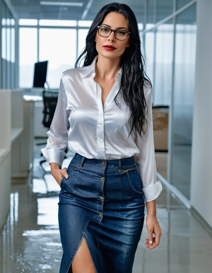 photo of young woman, in soaking wet, drenched clothes,
office shoes , maxi blue jeans skirt, white silk satin shirt, walking in the office, 
enjoying, wet clothes stuck to body,
detailed textures of the wet clothes, wet face, wet plastered hair,
wet, drenched, professional, high-quality details, full body view.
sharp focus, ultra-high pixel detail, realistic, high-quality, full colors, incredibly detailed, 4k, 8k, 16k, hyper-realistic, RAW photo, masterpiece, ultra-detailed, professionally color graded, professional photograph, woman 51 years old, long black hair, very big and thick lips, office glasses, complete body, open mouth