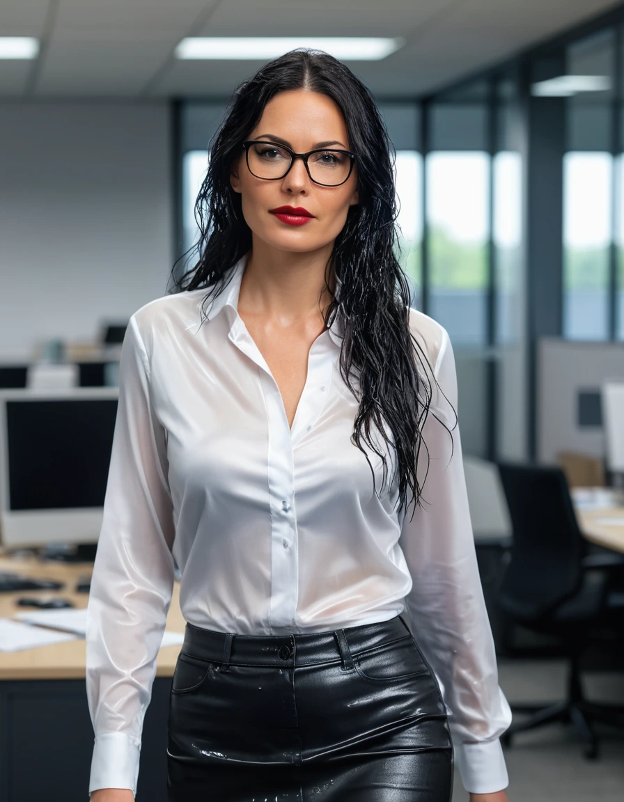 photo of young woman, in soaking wet, drenched clothes,
office shoes , long black tight jeans skirt, white silk satin shirt, walking in the office, 
enjoying, wet clothes stuck to body,
detailed textures of the wet clothes, wet face, wet plastered hair,
wet, drenched, professional, high-quality details, full body view.
sharp focus, ultra-high pixel detail, realistic, high-quality, full colors, incredibly detailed, 4k, 8k, 16k, hyper-realistic, RAW photo, masterpiece, ultra-detailed, professionally color graded, professional photograph, woman 51 years old, long black hair, very big and thick lips, office glasses, complete body, open mouth