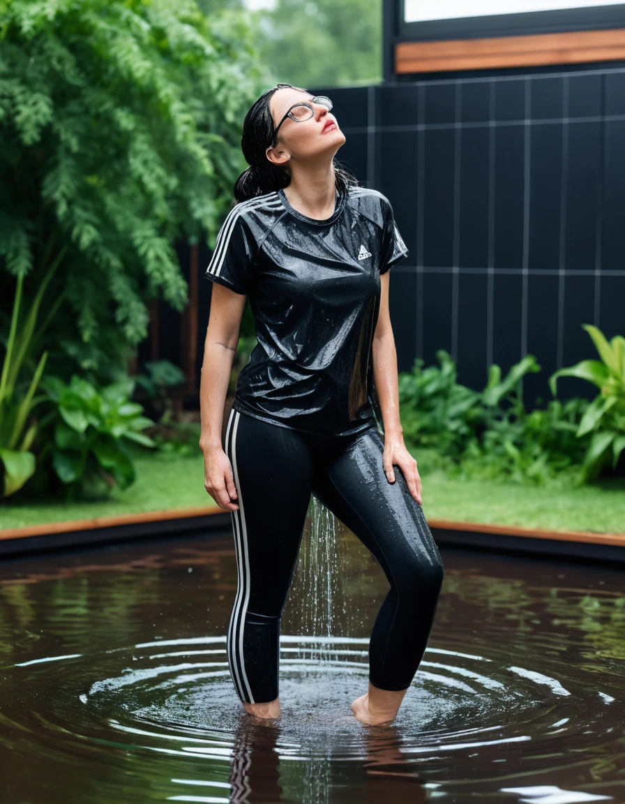 photo of young woman, in soaking wet, drenched clothes,
Sport shoes , long black adidas leggins, black adidas top with short sleeves, taking shower complete submerged in the flooded garden, 
enjoying, wet clothes stuck to body,
detailed textures of the wet clothes, wet face, wet plastered hair,
wet, drenched, professional, high-quality details, full body view.
sharp focus, ultra-high pixel detail, realistic, high-quality, full colors, incredibly detailed, 4k, 8k, 16k, hyper-realistic, RAW photo, masterpiece, ultra-detailed, professionally color graded, professional photograph, woman 51 years old, long black hair, very big and thick lips, office glasses, complete body, open mouth