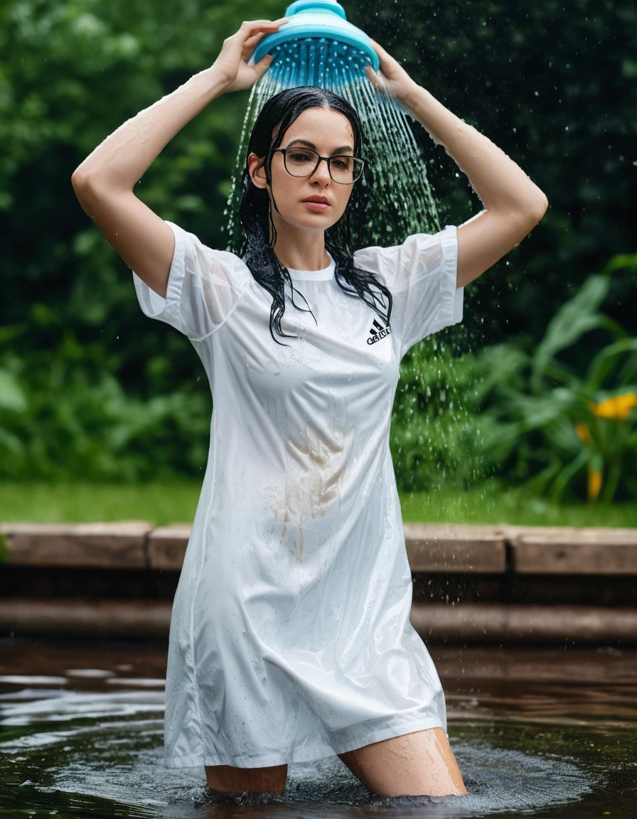 photo of young woman, in soaking wet, drenched clothes,
Sport shoes , white adidas dress with short sleeves, white adidas dress with short sleeves, taking shower complete submerged in the flooded garden, 
enjoying, wet clothes stuck to body,
detailed textures of the wet clothes, wet face, wet plastered hair,
wet, drenched, professional, high-quality details, full body view.
sharp focus, ultra-high pixel detail, realistic, high-quality, full colors, incredibly detailed, 4k, 8k, 16k, hyper-realistic, RAW photo, masterpiece, ultra-detailed, professionally color graded, professional photograph, woman 51 years old, long black hair, very big and thick lips, office glasses, complete body, open mouth