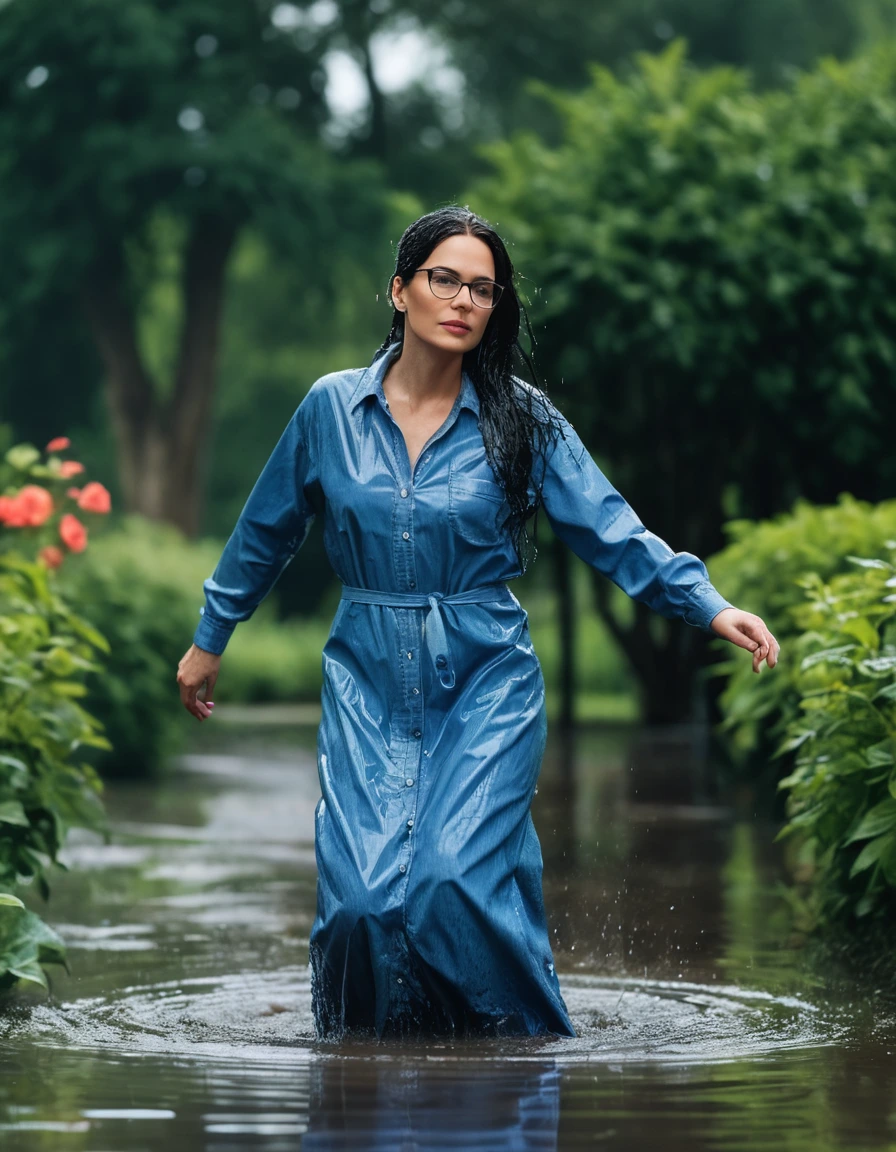photo of young woman, in soaking wet, drenched clothes,
Sport shoes , maxi blue jeans dress with long sleeves, maxi blue jeans dress with long sleeves, walking in hard rain in flooded garden, 
enjoying, wet clothes stuck to body,
detailed textures of the wet clothes, wet face, wet plastered hair,
wet, drenched, professional, high-quality details, full body view.
sharp focus, ultra-high pixel detail, realistic, high-quality, full colors, incredibly detailed, 4k, 8k, 16k, hyper-realistic, RAW photo, masterpiece, ultra-detailed, professionally color graded, professional photograph, woman 51 years old, long black hair, very big and thick lips, office glasses, complete body, open mouth