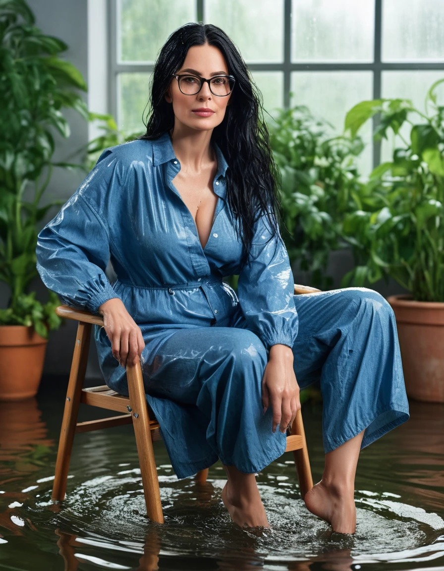 photo of young woman, in soaking wet, drenched clothes,
Sport shoes , maxi blue jeans dress with long sleeves, maxi blue jeans dress with long sleeves, taking shower on the chair in the flooded garden, 
enjoying, wet clothes stuck to body,
detailed textures of the wet clothes, wet face, wet plastered hair,
wet, drenched, professional, high-quality details, full body view.
sharp focus, ultra-high pixel detail, realistic, high-quality, full colors, incredibly detailed, 4k, 8k, 16k, hyper-realistic, RAW photo, masterpiece, ultra-detailed, professionally color graded, professional photograph, woman 51 years old, long black hair, very big and thick lips, office glasses, complete body, open mouth