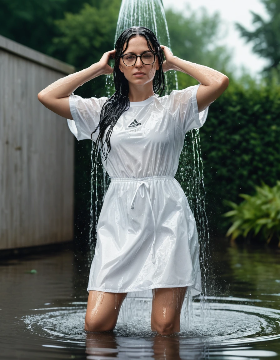 photo of young woman, in soaking wet, drenched clothes,
Sport shoes , white adidas dress with short sleeves, white adidas dress with short sleeves, taking shower complete submerged in the flooded garden, 
enjoying, wet clothes stuck to body,
detailed textures of the wet clothes, wet face, wet plastered hair,
wet, drenched, professional, high-quality details, full body view.
sharp focus, ultra-high pixel detail, realistic, high-quality, full colors, incredibly detailed, 4k, 8k, 16k, hyper-realistic, RAW photo, masterpiece, ultra-detailed, professionally color graded, professional photograph, woman 51 years old, long black hair, very big and thick lips, office glasses, complete body, open mouth