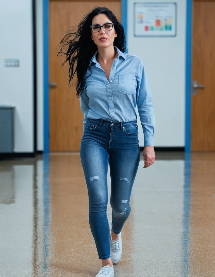 photo of young woman, in soaking wet, drenched clothes,
office shoes , long light blue tight jeans, light blue denim shirt, walking in the school hall, 
enjoying, wet clothes stuck to body,
detailed textures of the wet clothes, wet face, wet plastered hair,
wet, drenched, professional, high-quality details, full body view.
sharp focus, ultra-high pixel detail, realistic, high-quality, full colors, incredibly detailed, 4k, 8k, 16k, hyper-realistic, RAW photo, masterpiece, ultra-detailed, professionally color graded, professional photograph, woman 51 years old, long black hair, very big and thick lips, office glasses, complete body, open mouth