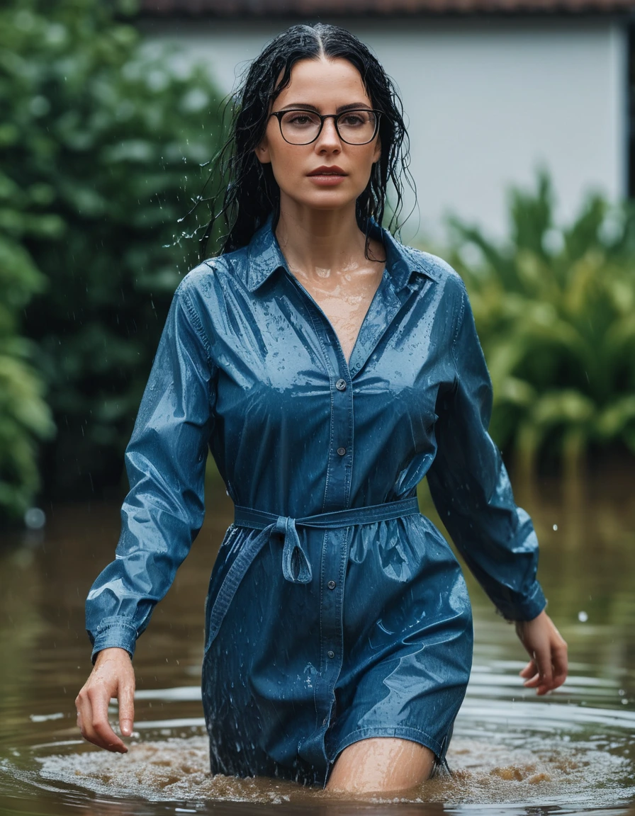 photo of young woman, in soaking wet, drenched clothes,
Sport shoes , midi blue jeans dress with long sleeves, midi blue jeans dress with long sleeves, walking in hard rain in flooded garden, 
enjoying, wet clothes stuck to body,
detailed textures of the wet clothes, wet face, wet plastered hair,
wet, drenched, professional, high-quality details, full body view.
sharp focus, ultra-high pixel detail, realistic, high-quality, full colors, incredibly detailed, 4k, 8k, 16k, hyper-realistic, RAW photo, masterpiece, ultra-detailed, professionally color graded, professional photograph, woman 51 years old, long black hair, very big and thick lips, office glasses, complete body, open mouth