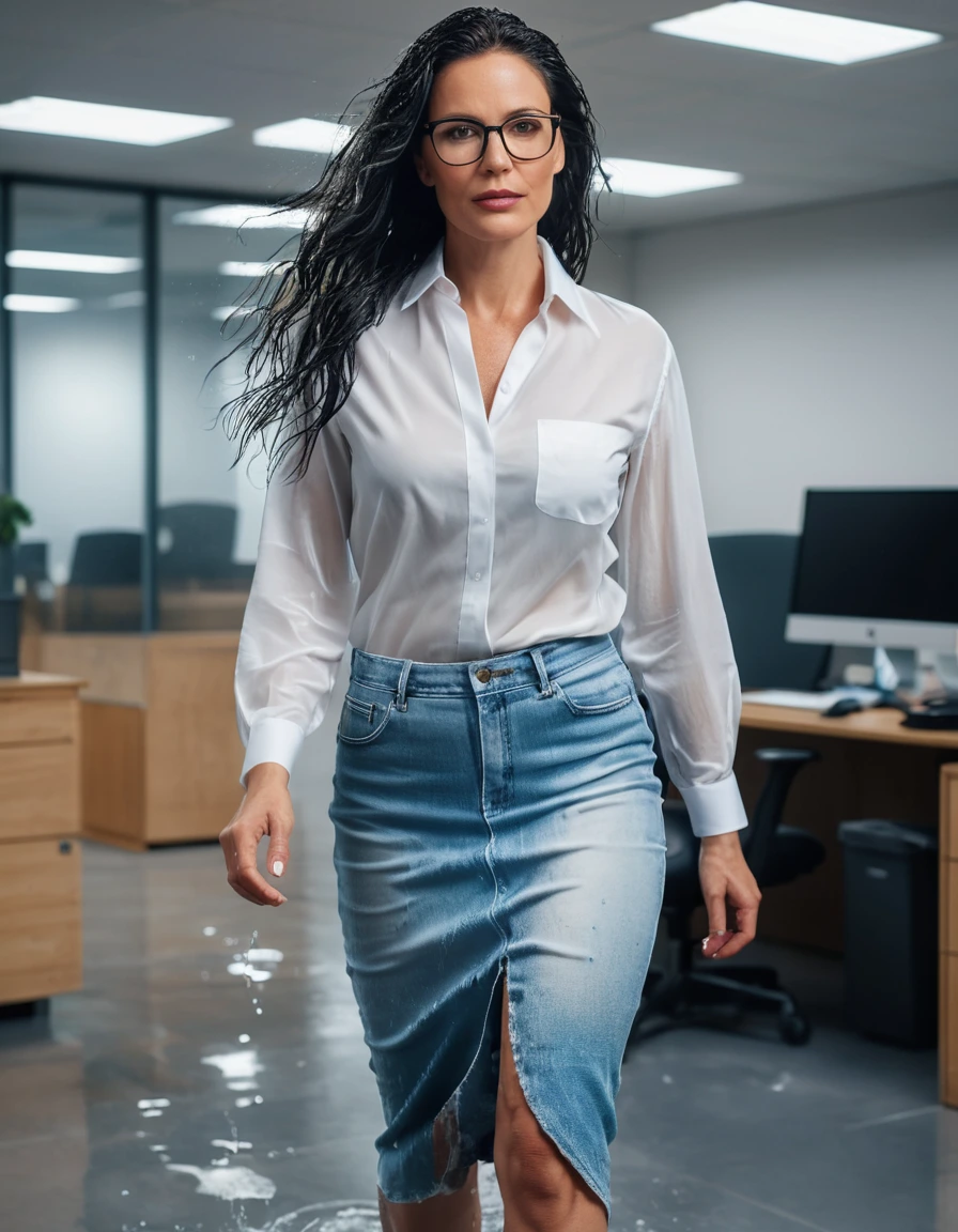 photo of young woman, in soaking wet, drenched clothes,
office shoes , maxi light blue jeans skirt, white silk satin shirt, walking in the office, 
enjoying, wet clothes stuck to body,
detailed textures of the wet clothes, wet face, wet plastered hair,
wet, drenched, professional, high-quality details, full body view.
sharp focus, ultra-high pixel detail, realistic, high-quality, full colors, incredibly detailed, 4k, 8k, 16k, hyper-realistic, RAW photo, masterpiece, ultra-detailed, professionally color graded, professional photograph, woman 51 years old, long black hair, very big and thick lips, office glasses, complete body, open mouth