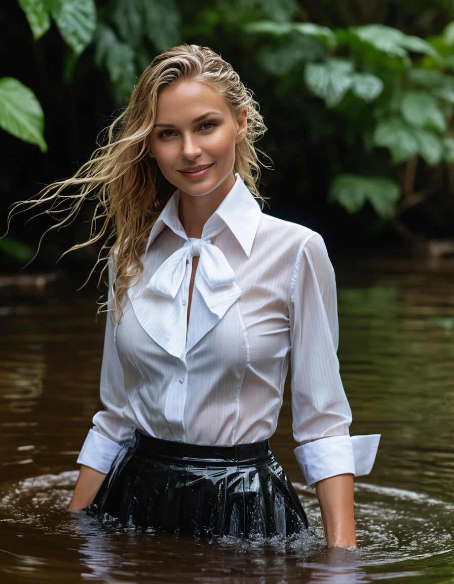 photo of young woman, in soaking wet, drenched clothes,
black pinstriped skirt, cclose-up of {{white, large collar on a high collar stand}} and white french cuffs of a formal, long sleeved, silver striped, shiny white satin shirt, knotted above the belly button.  three pearl necklaces., swimming breast-stroke in a rain forest pond., 
enjoying, wet clothes stuck to body,
detailed textures of the wet clothes, wet face, wet plastered hair,
wet, drenched, professional, high-quality details, full body view.
sharp focus, ultra-high pixel detail, realistic, high-quality, full colors, incredibly detailed, 4k, 8k, 16k, hyper-realistic, RAW photo, masterpiece, ultra-detailed, professionally color graded, professional photograph, Professional wet fashion shooting. the wet body of a smiling,  beautiful, suntanned, classy milf with very long, blonde hair. wet clothes. clear water. close-up on collar. professional photography. realistic, sharp focus, highly detailed textures, best quality, UHD, masterpiece
