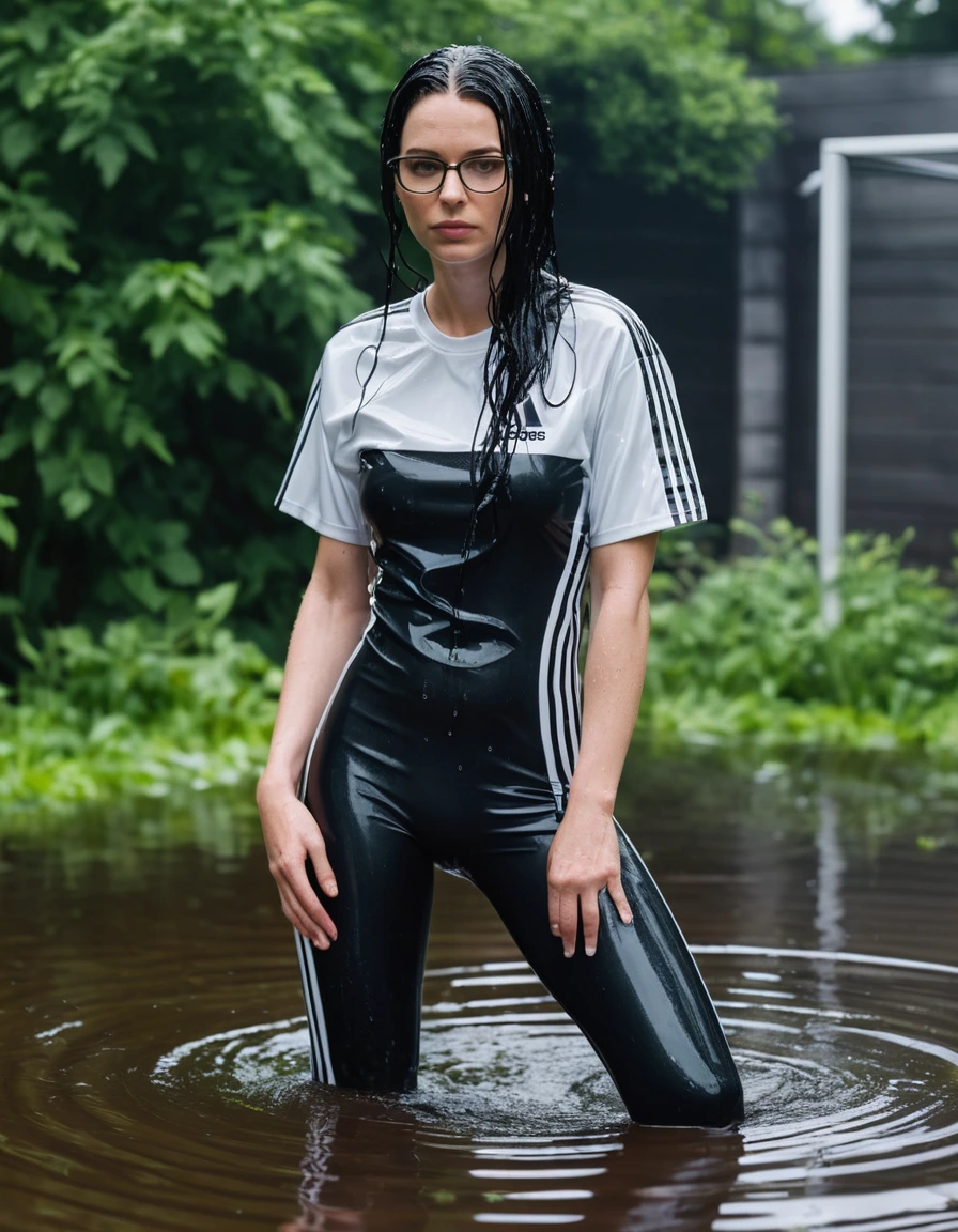 photo of young woman, in soaking wet, drenched clothes,
Sport shoes , long black latex adidas leggins, white adidas top with short sleeves, taking shower complete submerged in the flooded garden, 
enjoying, wet clothes stuck to body,
detailed textures of the wet clothes, wet face, wet plastered hair,
wet, drenched, professional, high-quality details, full body view.
sharp focus, ultra-high pixel detail, realistic, high-quality, full colors, incredibly detailed, 4k, 8k, 16k, hyper-realistic, RAW photo, masterpiece, ultra-detailed, professionally color graded, professional photograph, woman 51 years old, long black hair, very big and thick lips, office glasses, complete body, open mouth