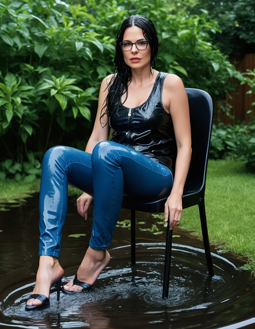 photo of young woman, in soaking wet, drenched clothes,
Sport shoes , long blue leather jeans, black leather tank top with zipper, taking shower on the chair complete submerged in the flooded garden, 
enjoying, wet clothes stuck to body,
detailed textures of the wet clothes, wet face, wet plastered hair,
wet, drenched, professional, high-quality details, full body view.
sharp focus, ultra-high pixel detail, realistic, high-quality, full colors, incredibly detailed, 4k, 8k, 16k, hyper-realistic, RAW photo, masterpiece, ultra-detailed, professionally color graded, professional photograph, woman 51 years old, long black hair, very big and thick lips, office glasses, complete body, open mouth