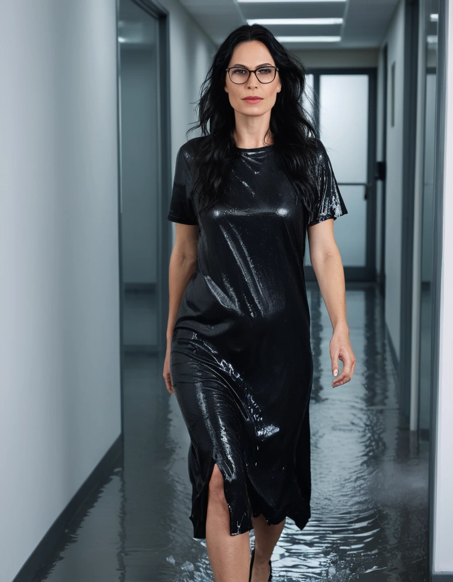 photo of young woman, in soaking wet, drenched clothes,
office shoes , long black t-shirt dress, long black t-shirt dress, walking in the office, 
enjoying, wet clothes stuck to body,
detailed textures of the wet clothes, wet face, wet plastered hair,
wet, drenched, professional, high-quality details, full body view.
sharp focus, ultra-high pixel detail, realistic, high-quality, full colors, incredibly detailed, 4k, 8k, 16k, hyper-realistic, RAW photo, masterpiece, ultra-detailed, professionally color graded, professional photograph, woman 51 years old, long black hair, very big and thick lips, office glasses, complete body, open mouth
