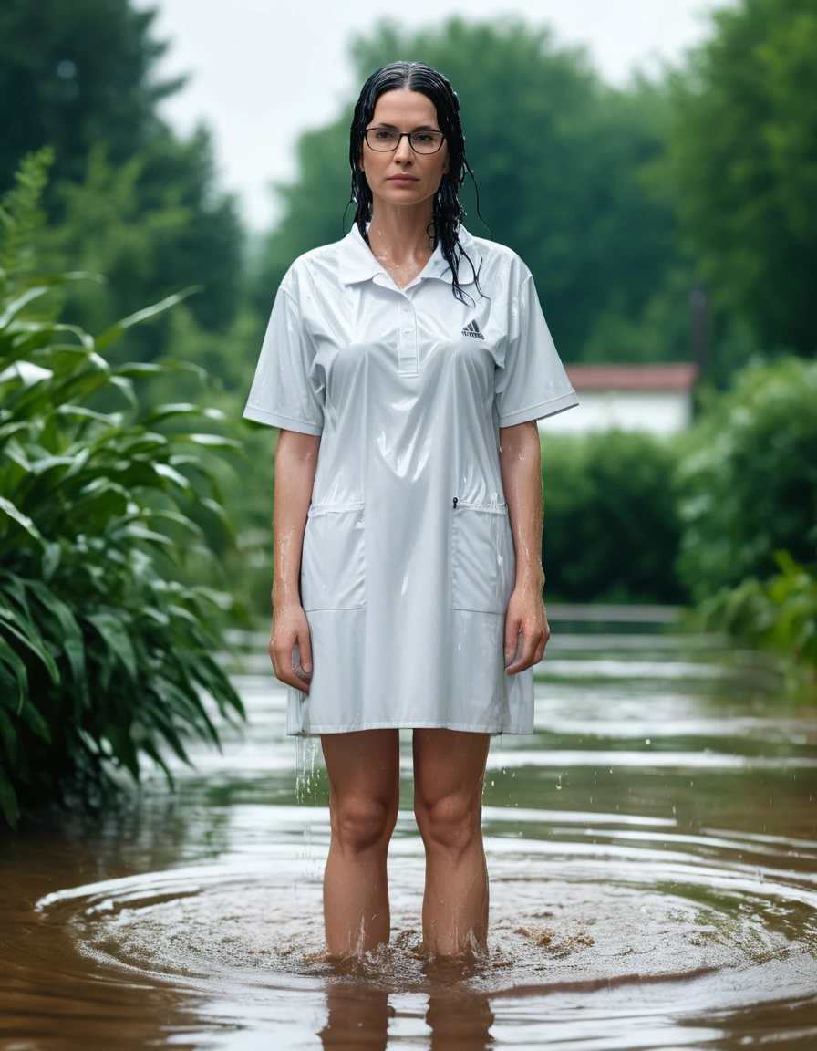 photo of young woman, in soaking wet, drenched clothes,
Sport shoes , white adidas dress with short sleeves, white adidas dress with short sleeves, taking shower complete submerged in the flooded garden, 
enjoying, wet clothes stuck to body,
detailed textures of the wet clothes, wet face, wet plastered hair,
wet, drenched, professional, high-quality details, full body view.
sharp focus, ultra-high pixel detail, realistic, high-quality, full colors, incredibly detailed, 4k, 8k, 16k, hyper-realistic, RAW photo, masterpiece, ultra-detailed, professionally color graded, professional photograph, woman 51 years old, long black hair, very big and thick lips, office glasses, complete body, open mouth