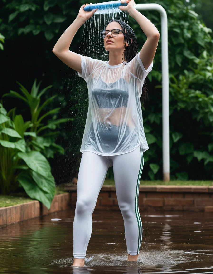 photo of young woman, in soaking wet, drenched clothes,
Sport shoes , long white adidas leggins, white adidas top with short sleeves, taking shower complete submerged in the flooded garden, 
enjoying, wet clothes stuck to body,
detailed textures of the wet clothes, wet face, wet plastered hair,
wet, drenched, professional, high-quality details, full body view.
sharp focus, ultra-high pixel detail, realistic, high-quality, full colors, incredibly detailed, 4k, 8k, 16k, hyper-realistic, RAW photo, masterpiece, ultra-detailed, professionally color graded, professional photograph, woman 51 years old, long black hair, very big and thick lips, office glasses, complete body, open mouth