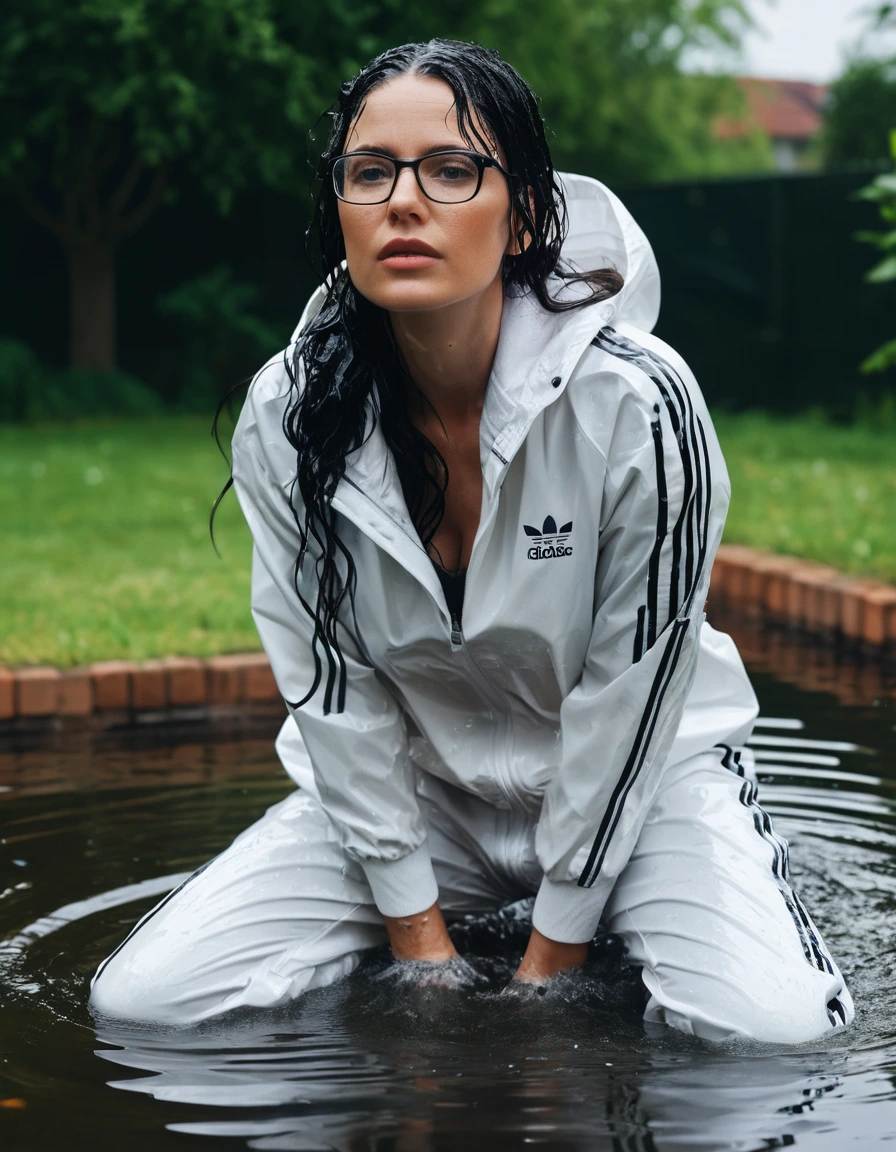 photo of young woman, in soaking wet, drenched clothes,
Sport shoes , long white adidas trousers, white adidas jacket, taking shower complete submerged in the flooded garden, 
enjoying, wet clothes stuck to body,
detailed textures of the wet clothes, wet face, wet plastered hair,
wet, drenched, professional, high-quality details, full body view.
sharp focus, ultra-high pixel detail, realistic, high-quality, full colors, incredibly detailed, 4k, 8k, 16k, hyper-realistic, RAW photo, masterpiece, ultra-detailed, professionally color graded, professional photograph, woman 51 years old, long black hair, very big and thick lips, office glasses, complete body, open mouth
