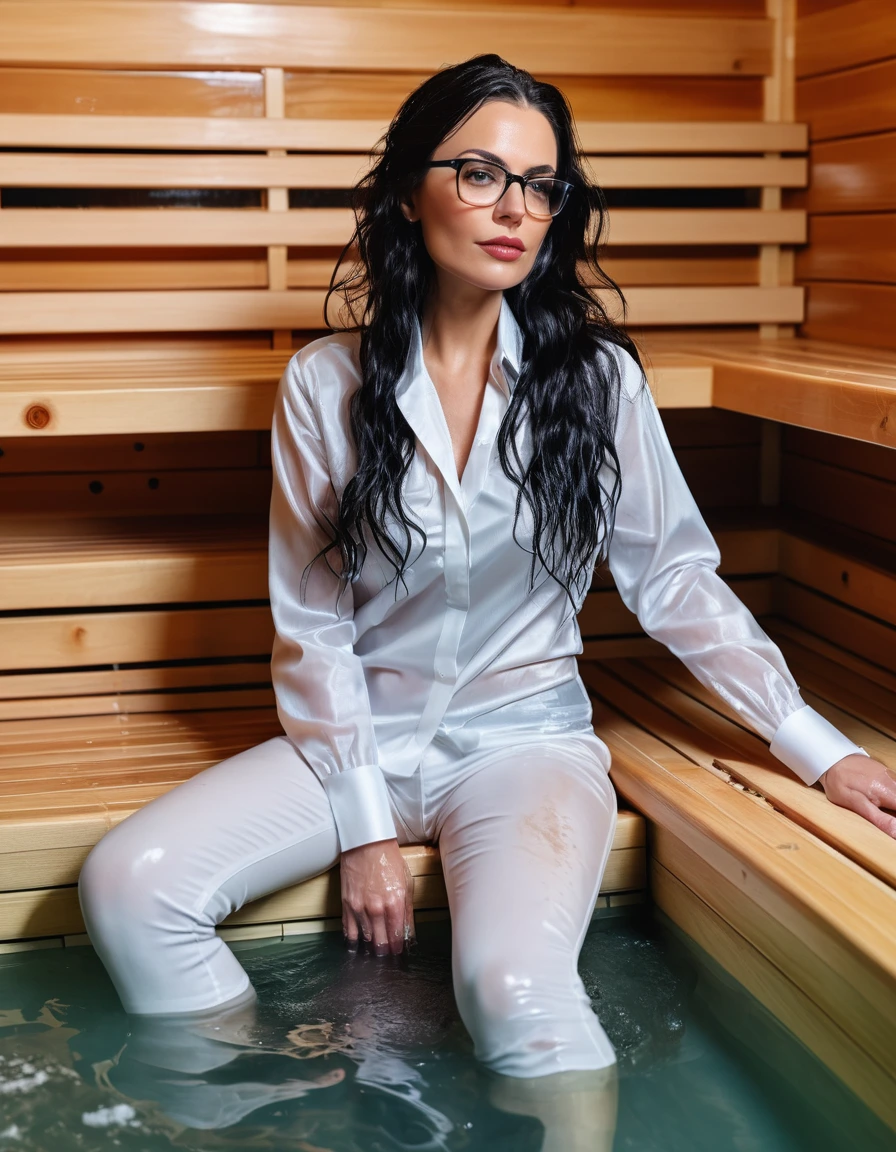 photo of young woman, in soaking wet, drenched clothes,
office shoes , long white tight jeans, white silk satin shirt, submerged in the sauna, 
enjoying, wet clothes stuck to body,
detailed textures of the wet clothes, wet face, wet plastered hair,
wet, drenched, professional, high-quality details, full body view.
sharp focus, ultra-high pixel detail, realistic, high-quality, full colors, incredibly detailed, 4k, 8k, 16k, hyper-realistic, RAW photo, masterpiece, ultra-detailed, professionally color graded, professional photograph, woman 51 years old, long black hair, very big and thick lips, office glasses, complete body, open mouth