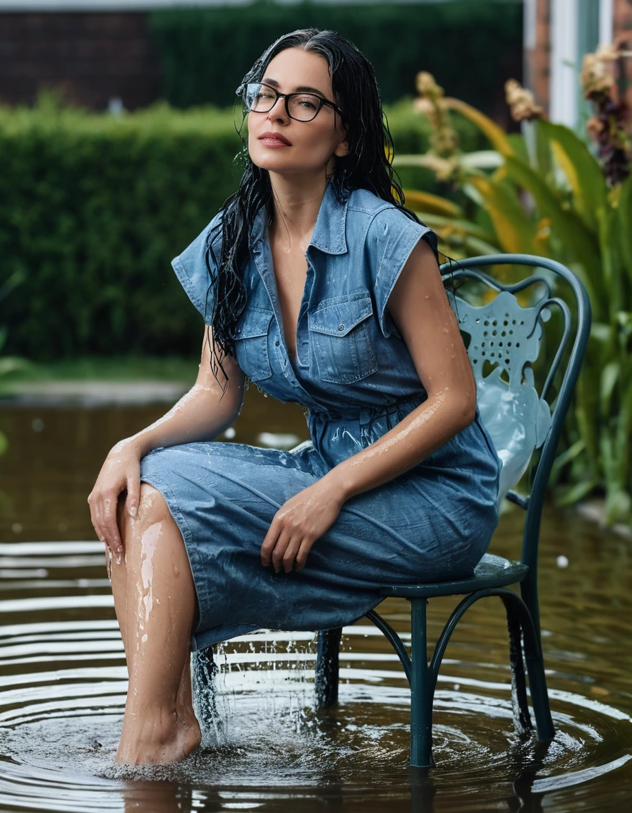 photo of young woman, in soaking wet, drenched clothes,
Sport shoes , maxi blue jeans dress, maxi blue jeans dress, taking shower on the chair in the flooded garden, 
enjoying, wet clothes stuck to body,
detailed textures of the wet clothes, wet face, wet plastered hair,
wet, drenched, professional, high-quality details, full body view.
sharp focus, ultra-high pixel detail, realistic, high-quality, full colors, incredibly detailed, 4k, 8k, 16k, hyper-realistic, RAW photo, masterpiece, ultra-detailed, professionally color graded, professional photograph, woman 51 years old, long black hair, very big and thick lips, office glasses, complete body, open mouth