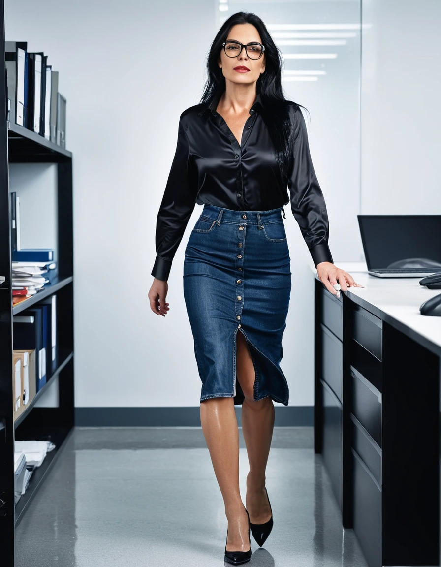 photo of young woman, in soaking wet, drenched clothes,
office shoes , long blue jeans skirt, black silk satin shirt, walking in the office, 
enjoying, wet clothes stuck to body,
detailed textures of the wet clothes, wet face, wet plastered hair,
wet, drenched, professional, high-quality details, full body view.
sharp focus, ultra-high pixel detail, realistic, high-quality, full colors, incredibly detailed, 4k, 8k, 16k, hyper-realistic, RAW photo, masterpiece, ultra-detailed, professionally color graded, professional photograph, woman 51 years old, long black hair, very big and thick lips, office glasses, complete body, open mouth