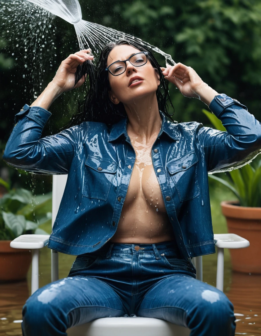 photo of young woman, in soaking wet, drenched clothes,
Sport shoes , long blue leather jeans, blue jeans shirt, taking shower on the chair in the flooded garden, 
enjoying, wet clothes stuck to body,
detailed textures of the wet clothes, wet face, wet plastered hair,
wet, drenched, professional, high-quality details, full body view.
sharp focus, ultra-high pixel detail, realistic, high-quality, full colors, incredibly detailed, 4k, 8k, 16k, hyper-realistic, RAW photo, masterpiece, ultra-detailed, professionally color graded, professional photograph, woman 51 years old, long black hair, very big and thick lips, office glasses, complete body, open mouth
