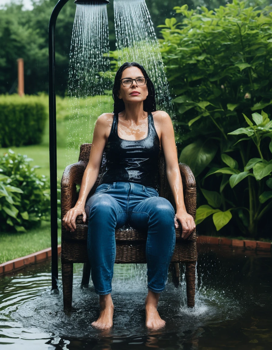 photo of young woman, in soaking wet, drenched clothes,
Sport shoes , long blue leather jeans, black tank top, taking shower on the chair complete submerged in the flooded garden, 
enjoying, wet clothes stuck to body,
detailed textures of the wet clothes, wet face, wet plastered hair,
wet, drenched, professional, high-quality details, full body view.
sharp focus, ultra-high pixel detail, realistic, high-quality, full colors, incredibly detailed, 4k, 8k, 16k, hyper-realistic, RAW photo, masterpiece, ultra-detailed, professionally color graded, professional photograph, woman 51 years old, long black hair, very big and thick lips, office glasses, complete body, open mouth