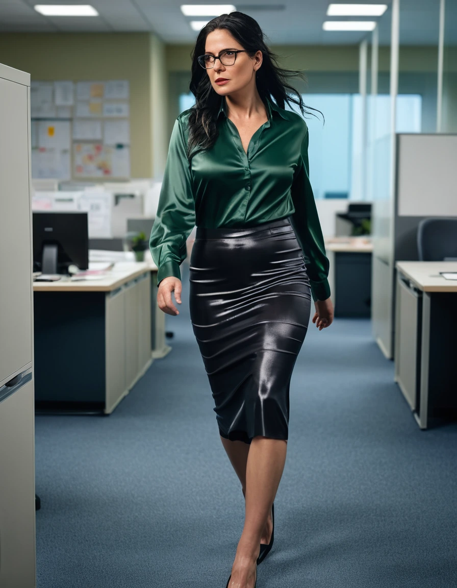 photo of young woman, in soaking wet, drenched clothes,
office shoes , long black tight skirt, dark green silk satin shirt, walking in the office, 
enjoying, wet clothes stuck to body,
detailed textures of the wet clothes, wet face, wet plastered hair,
wet, drenched, professional, high-quality details, full body view.
sharp focus, ultra-high pixel detail, realistic, high-quality, full colors, incredibly detailed, 4k, 8k, 16k, hyper-realistic, RAW photo, masterpiece, ultra-detailed, professionally color graded, professional photograph, woman 51 years old, long black hair, very big and thick lips, office glasses, complete body, open mouth