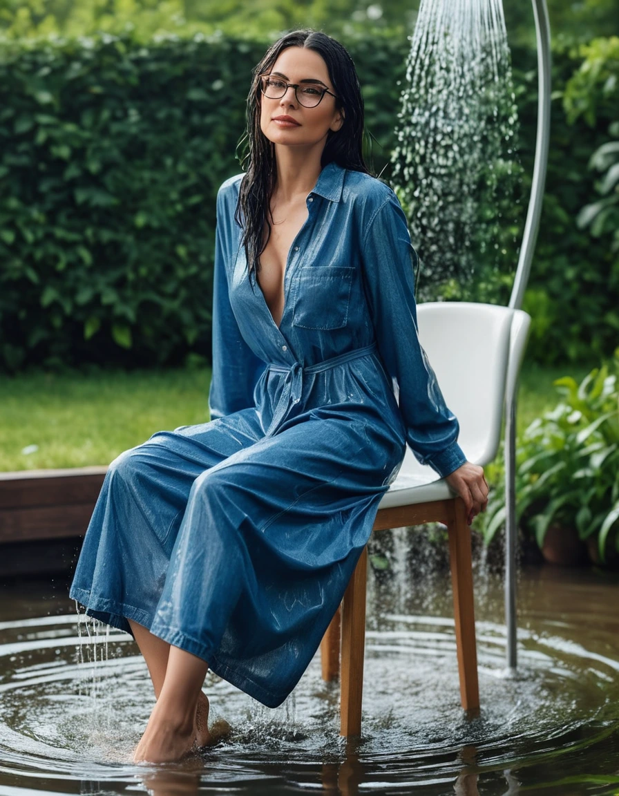 photo of young woman, in soaking wet, drenched clothes,
Sport shoes , maxi blue jeans dress with long sleeves, maxi blue jeans dress with long sleeves, taking shower on the chair in the flooded garden, 
enjoying, wet clothes stuck to body,
detailed textures of the wet clothes, wet face, wet plastered hair,
wet, drenched, professional, high-quality details, full body view.
sharp focus, ultra-high pixel detail, realistic, high-quality, full colors, incredibly detailed, 4k, 8k, 16k, hyper-realistic, RAW photo, masterpiece, ultra-detailed, professionally color graded, professional photograph, woman 51 years old, long black hair, very big and thick lips, office glasses, complete body, open mouth
