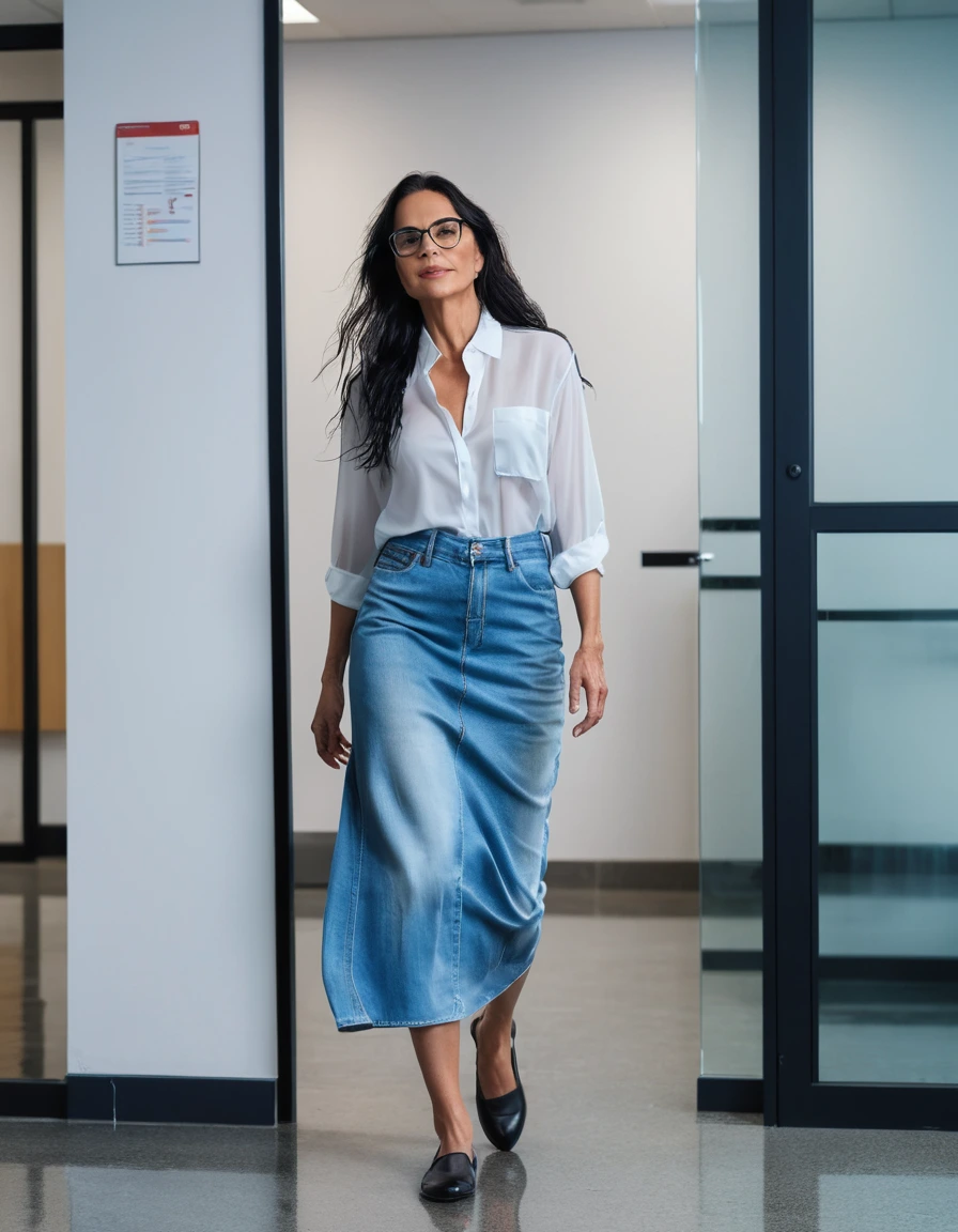 photo of young woman, in soaking wet, drenched clothes,
office shoes , maxi light blue loose-fitting denim skirt, white silk satin shirt, walking in the office, 
enjoying, wet clothes stuck to body,
detailed textures of the wet clothes, wet face, wet plastered hair,
wet, drenched, professional, high-quality details, full body view.
sharp focus, ultra-high pixel detail, realistic, high-quality, full colors, incredibly detailed, 4k, 8k, 16k, hyper-realistic, RAW photo, masterpiece, ultra-detailed, professionally color graded, professional photograph, woman 51 years old, long black hair, very big and thick lips, office glasses, complete body, open mouth