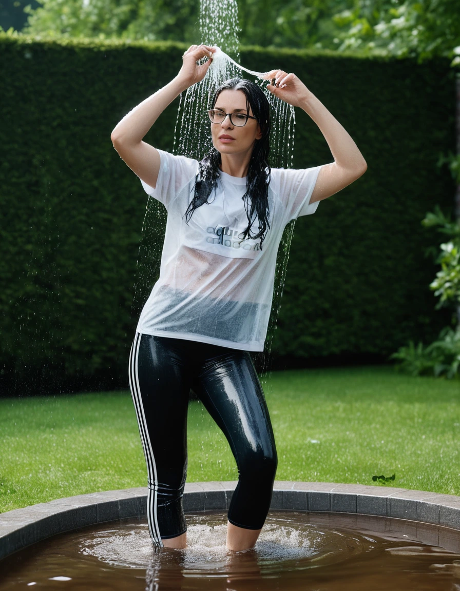 photo of young woman, in soaking wet, drenched clothes,
Sport shoes , long black adidas leggins, white adidas top with short sleeves, taking shower complete submerged in the flooded garden, 
enjoying, wet clothes stuck to body,
detailed textures of the wet clothes, wet face, wet plastered hair,
wet, drenched, professional, high-quality details, full body view.
sharp focus, ultra-high pixel detail, realistic, high-quality, full colors, incredibly detailed, 4k, 8k, 16k, hyper-realistic, RAW photo, masterpiece, ultra-detailed, professionally color graded, professional photograph, woman 51 years old, long black hair, very big and thick lips, office glasses, complete body, open mouth