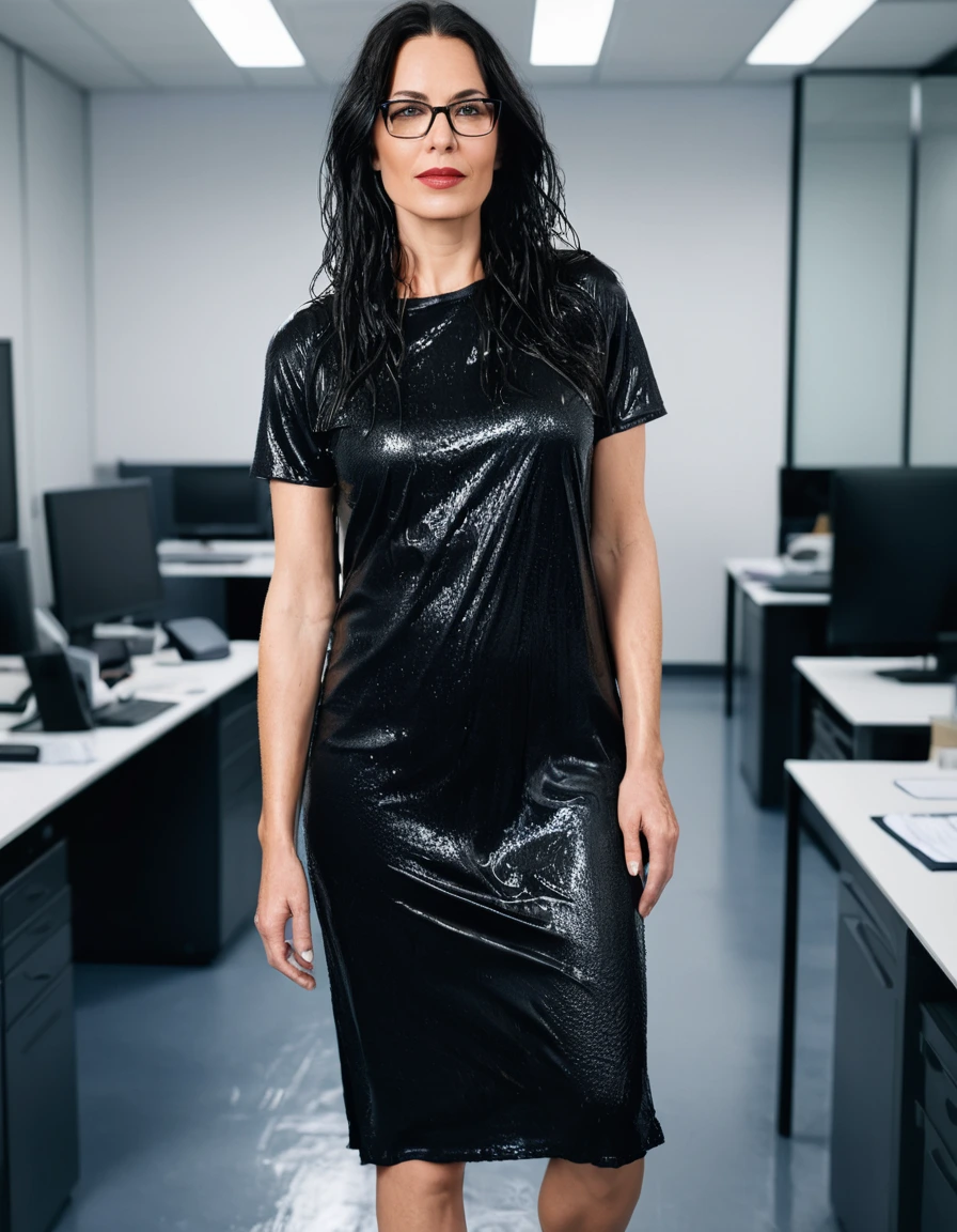 photo of young woman, in soaking wet, drenched clothes,
office shoes , long black t-shirt dress, long black t-shirt dress, walking in the office, 
enjoying, wet clothes stuck to body,
detailed textures of the wet clothes, wet face, wet plastered hair,
wet, drenched, professional, high-quality details, full body view.
sharp focus, ultra-high pixel detail, realistic, high-quality, full colors, incredibly detailed, 4k, 8k, 16k, hyper-realistic, RAW photo, masterpiece, ultra-detailed, professionally color graded, professional photograph, woman 51 years old, long black hair, very big and thick lips, office glasses, complete body, open mouth