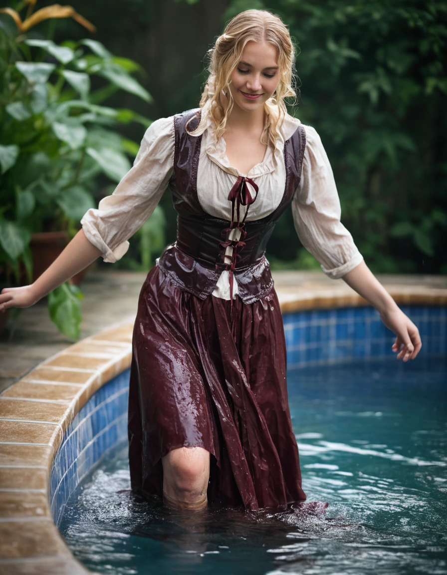 photo of young woman, in soaking wet, drenched clothes,
high heels,  long maroon peasant skirt, nude stockings, garter belt, linen peasant blouse, tight fitted floral vest, wading waist deep in a pool, 
enjoying, wet clothes stuck to body,
detailed textures of the wet clothes, wet face, wet plastered hair,
wet, drenched, professional, high-quality details, full body view.
sharp focus, ultra-high pixel detail, realistic, high-quality, full colors, incredibly detailed, 4k, 8k, 16k, hyper-realistic, RAW photo, masterpiece, ultra-detailed, professionally color graded, professional photograph, smile, wet long blonde hair