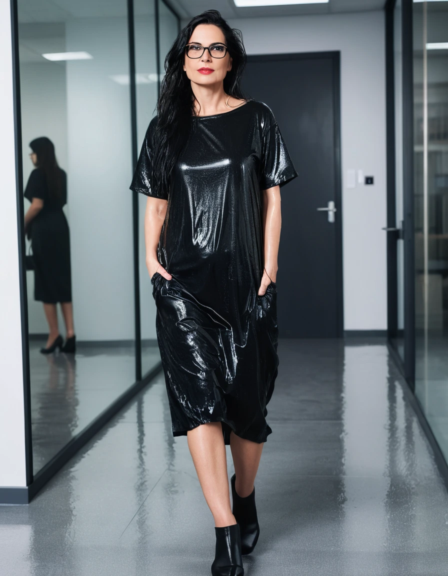 photo of young woman, in soaking wet, drenched clothes,
office shoes , long black t-shirt dress, long black t-shirt dress, walking in the office, 
enjoying, wet clothes stuck to body,
detailed textures of the wet clothes, wet face, wet plastered hair,
wet, drenched, professional, high-quality details, full body view.
sharp focus, ultra-high pixel detail, realistic, high-quality, full colors, incredibly detailed, 4k, 8k, 16k, hyper-realistic, RAW photo, masterpiece, ultra-detailed, professionally color graded, professional photograph, woman 51 years old, long black hair, very big and thick lips, office glasses, complete body, open mouth