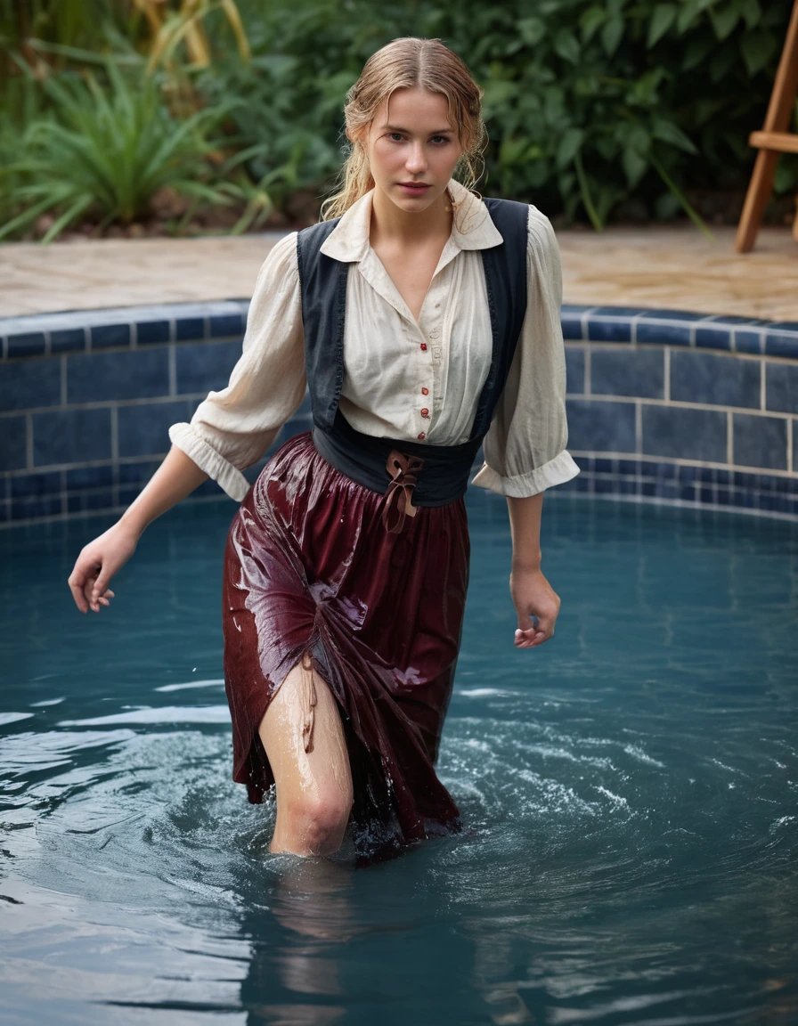 photo of young woman, in soaking wet, drenched clothes,
high heels,  long maroon peasant skirt, nude stockings, garter belt, linen peasant blouse, tight fitted vest, wading waist deep in a pool, 
enjoying, wet clothes stuck to body,
detailed textures of the wet clothes, wet face, wet plastered hair,
wet, drenched, professional, high-quality details, full body view.
sharp focus, ultra-high pixel detail, realistic, high-quality, full colors, incredibly detailed, 4k, 8k, 16k, hyper-realistic, RAW photo, masterpiece, ultra-detailed, professionally color graded, professional photograph, wet long blonde hair