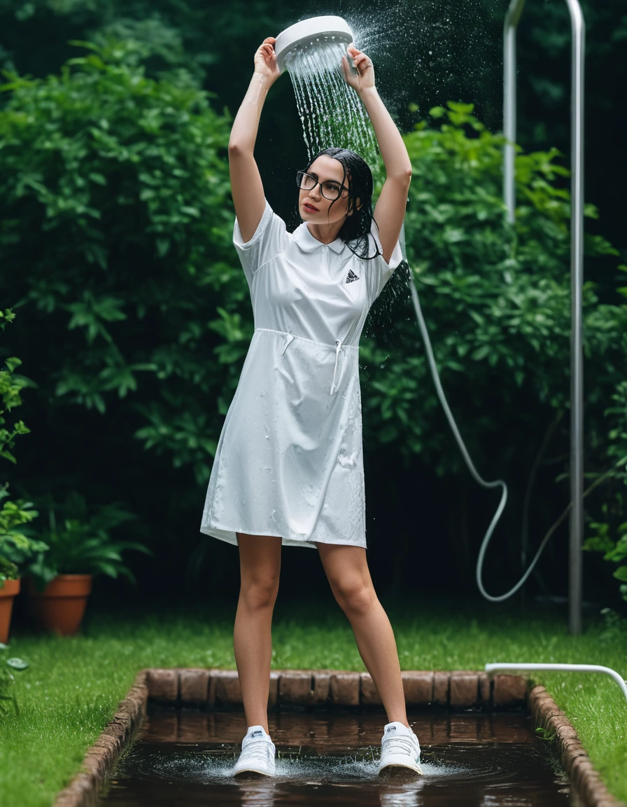 photo of young woman, in soaking wet, drenched clothes,
Sport shoes , white adidas dress with short sleeves, white adidas dress with short sleeves, taking shower complete submerged in the flooded garden, 
enjoying, wet clothes stuck to body,
detailed textures of the wet clothes, wet face, wet plastered hair,
wet, drenched, professional, high-quality details, full body view.
sharp focus, ultra-high pixel detail, realistic, high-quality, full colors, incredibly detailed, 4k, 8k, 16k, hyper-realistic, RAW photo, masterpiece, ultra-detailed, professionally color graded, professional photograph, woman 51 years old, long black hair, very big and thick lips, office glasses, complete body, open mouth