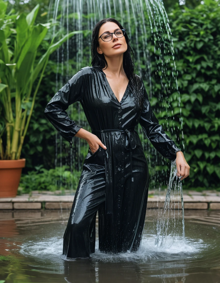 photo of young woman, in soaking wet, drenched clothes,
Sport shoes , maxi black jeans dress with long sleeves, maxi black jeans dress with long sleeves, taking shower on the chair complete submerged in the flooded garden, 
enjoying, wet clothes stuck to body,
detailed textures of the wet clothes, wet face, wet plastered hair,
wet, drenched, professional, high-quality details, full body view.
sharp focus, ultra-high pixel detail, realistic, high-quality, full colors, incredibly detailed, 4k, 8k, 16k, hyper-realistic, RAW photo, masterpiece, ultra-detailed, professionally color graded, professional photograph, woman 51 years old, long black hair, very big and thick lips, office glasses, complete body, open mouth
