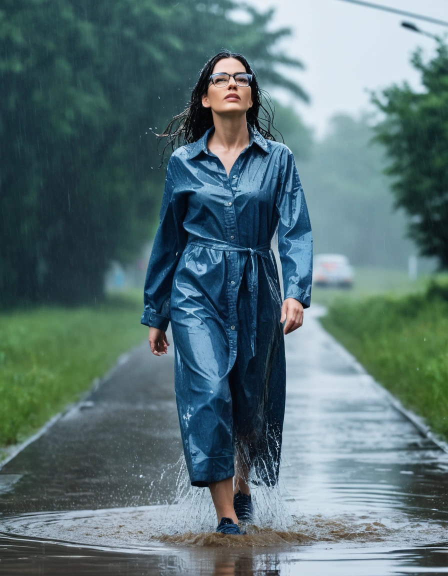 photo of young woman, in soaking wet, drenched clothes,
Sport shoes , long blue jeans dress with long sleeves, long blue jeans dress with long sleeves, walking in hard rain, 
enjoying, wet clothes stuck to body,
detailed textures of the wet clothes, wet face, wet plastered hair,
wet, drenched, professional, high-quality details, full body view.
sharp focus, ultra-high pixel detail, realistic, high-quality, full colors, incredibly detailed, 4k, 8k, 16k, hyper-realistic, RAW photo, masterpiece, ultra-detailed, professionally color graded, professional photograph, woman 51 years old, long black hair, very big and thick lips, office glasses, complete body, open mouth