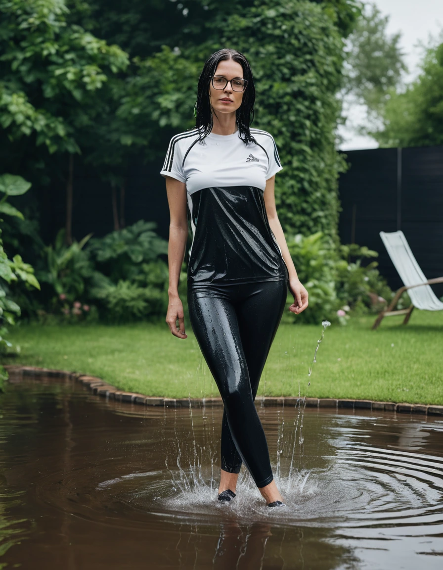 photo of young woman, in soaking wet, drenched clothes,
Sport shoes , long black adidas leather leggins, white adidas top with short sleeves, taking shower complete submerged in the flooded garden, 
enjoying, wet clothes stuck to body,
detailed textures of the wet clothes, wet face, wet plastered hair,
wet, drenched, professional, high-quality details, full body view.
sharp focus, ultra-high pixel detail, realistic, high-quality, full colors, incredibly detailed, 4k, 8k, 16k, hyper-realistic, RAW photo, masterpiece, ultra-detailed, professionally color graded, professional photograph, woman 51 years old, long black hair, very big and thick lips, office glasses, complete body, open mouth