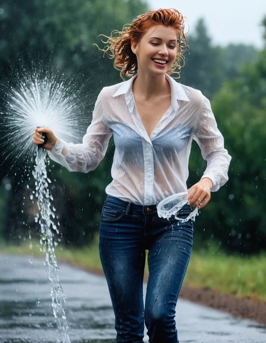 photo of young woman, in soaking wet, drenched clothes,
nylon, wet shinney dark blue jeans, white seetrough blouse, walking on the road, 
enjoying, wet clothes stuck to body,
detailed textures of the wet clothes, wet face, wet plastered hair,
wet, drenched, professional, high-quality details, full body view.
sharp focus, ultra-high pixel detail, realistic, high-quality, full colors, incredibly detailed, 4k, 8k, 16k, hyper-realistic, RAW photo, masterpiece, ultra-detailed, professionally color graded, professional photograph, Lucile Ball look alike being sprayed with a water-hose until she is wet  and dripping. Show complete body in the picture and she is laughing 