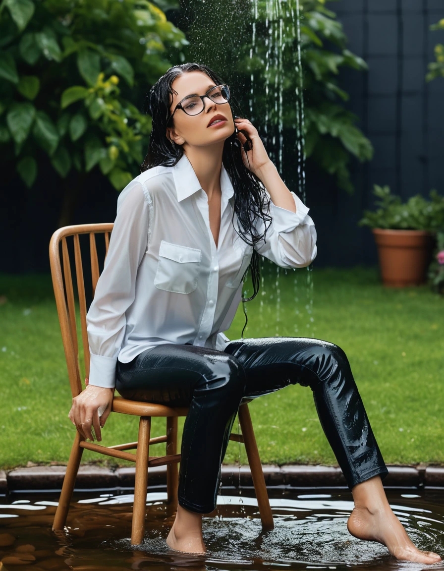 photo of young woman, in soaking wet, drenched clothes,
Sport shoes , long black leather jeansjeans, white silk satin shirthirt, taking shower on the chair in the flooded garden, 
enjoying, wet clothes stuck to body,
detailed textures of the wet clothes, wet face, wet plastered hair,
wet, drenched, professional, high-quality details, full body view.
sharp focus, ultra-high pixel detail, realistic, high-quality, full colors, incredibly detailed, 4k, 8k, 16k, hyper-realistic, RAW photo, masterpiece, ultra-detailed, professionally color graded, professional photograph, woman 51 years old, long black hair, very big and thick lips, office glasses, complete body, open mouth