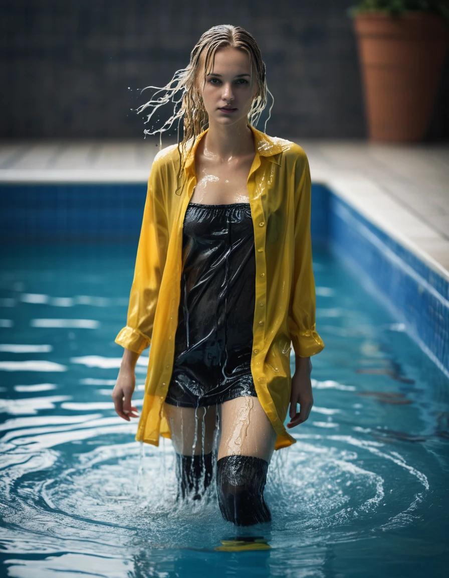 photo of young woman, in soaking wet, drenched clothes,
bare, black stockings, black garter belt, yellow shirt dress, walking out of a pool, 
enjoying, wet clothes stuck to body,
detailed textures of the wet clothes, wet face, wet plastered hair,
wet, drenched, professional, high-quality details, full body view.
sharp focus, ultra-high pixel detail, realistic, high-quality, full colors, incredibly detailed, 4k, 8k, 16k, hyper-realistic, RAW photo, masterpiece, ultra-detailed, professionally color graded, professional photograph, wet, long blonde hair