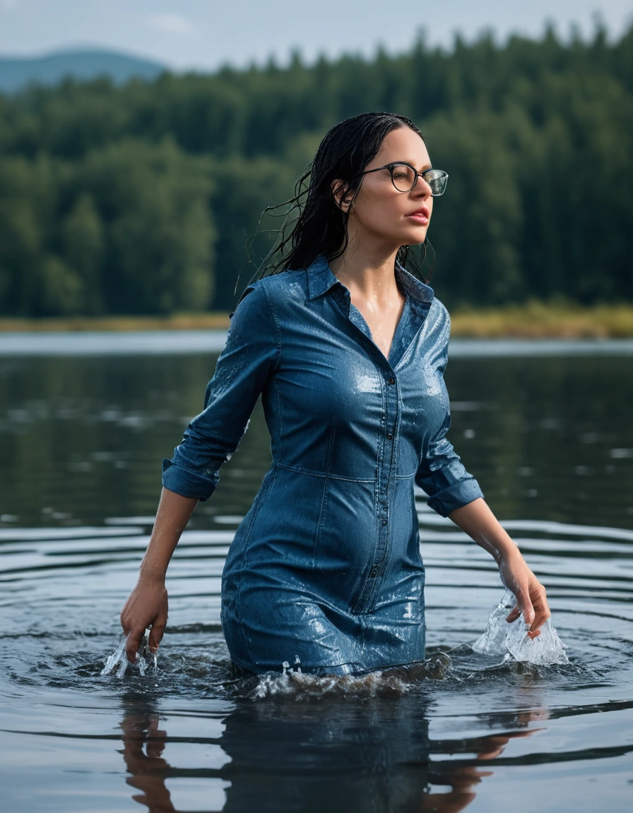 photo of young woman, in soaking wet, drenched clothes,
Sport shoes , midi tight blue jeans dress, midi tight blue jeans dress, walking in deep suuny lake, 
enjoying, wet clothes stuck to body,
detailed textures of the wet clothes, wet face, wet plastered hair,
wet, drenched, professional, high-quality details, full body view.
sharp focus, ultra-high pixel detail, realistic, high-quality, full colors, incredibly detailed, 4k, 8k, 16k, hyper-realistic, RAW photo, masterpiece, ultra-detailed, professionally color graded, professional photograph, woman 51 years old, long black hair, very big and thick lips, office glasses, complete body, open mouth