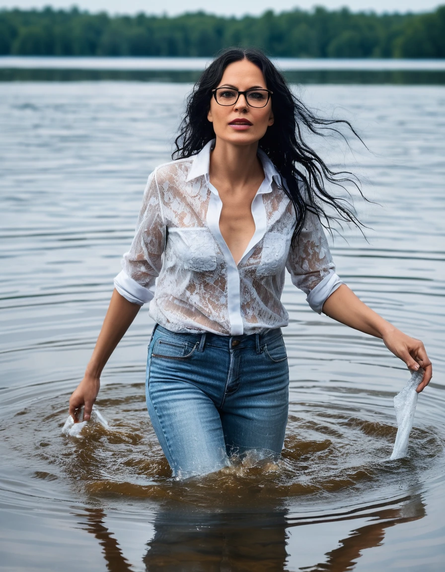 photo of young woman, in soaking wet, drenched clothes,
office shoes , long light blue jeans, white silk lace shirt, walking submerged in sunny deep lake, 
enjoying, wet clothes stuck to body,
detailed textures of the wet clothes, wet face, wet plastered hair,
wet, drenched, professional, high-quality details, full body view.
sharp focus, ultra-high pixel detail, realistic, high-quality, full colors, incredibly detailed, 4k, 8k, 16k, hyper-realistic, RAW photo, masterpiece, ultra-detailed, professionally color graded, professional photograph, woman 51 years old, long black hair, very big and thick lips, office glasses, complete body, open mouth