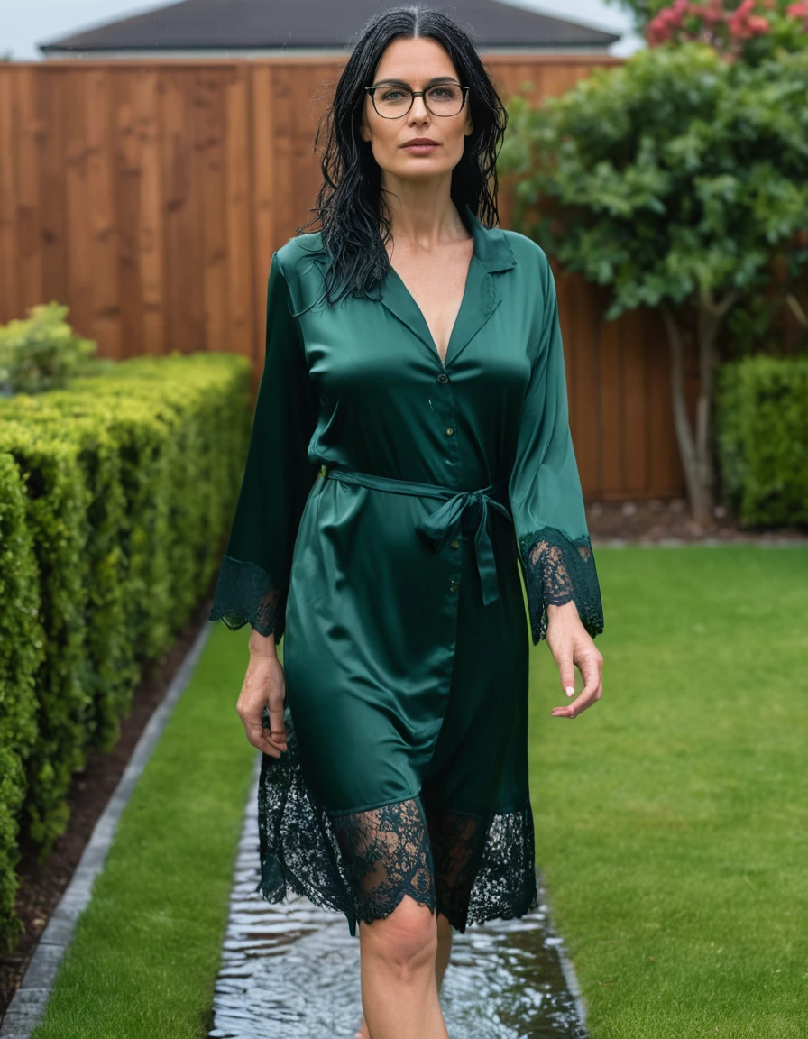 photo of young woman, in soaking wet, drenched clothes,
slippers, midi tight dark green silk lace pijama dress, midi tight dark green silk lace pijama dress, walking in garden under sprinklers, 
enjoying, wet clothes stuck to body,
detailed textures of the wet clothes, wet face, wet plastered hair,
wet, drenched, professional, high-quality details, full body view.
sharp focus, ultra-high pixel detail, realistic, high-quality, full colors, incredibly detailed, 4k, 8k, 16k, hyper-realistic, RAW photo, masterpiece, ultra-detailed, professionally color graded, professional photograph, woman 51 years old, long black hair, very big and thick lips, office glasses, complete body, open mouth