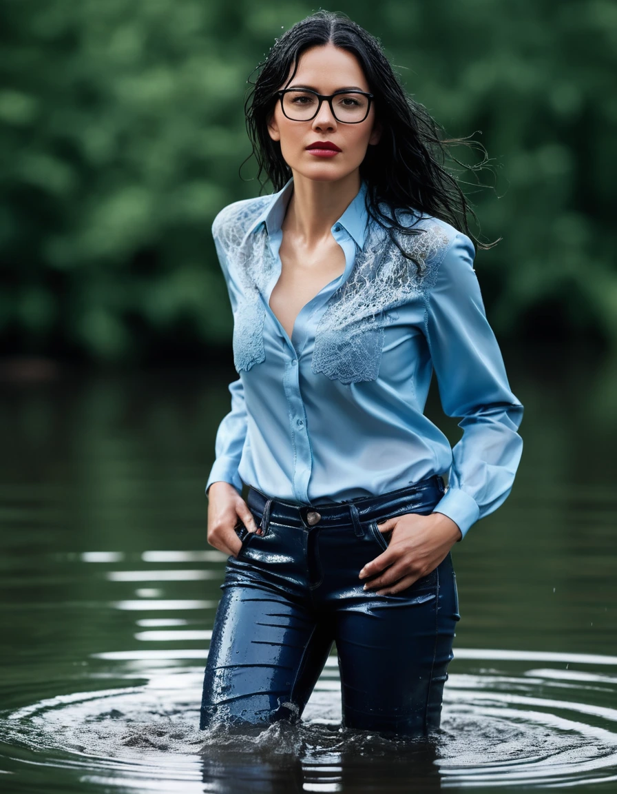 photo of young woman, in soaking wet, drenched clothes,
office shoes , long light blue tight leather jeans, dark blue silk lace shirt, walking submerged in sunny deep lake, 
enjoying, wet clothes stuck to body,
detailed textures of the wet clothes, wet face, wet plastered hair,
wet, drenched, professional, high-quality details, full body view.
sharp focus, ultra-high pixel detail, realistic, high-quality, full colors, incredibly detailed, 4k, 8k, 16k, hyper-realistic, RAW photo, masterpiece, ultra-detailed, professionally color graded, professional photograph, woman 51 years old, long black hair, very big and thick lips, office glasses, complete body, open mouth