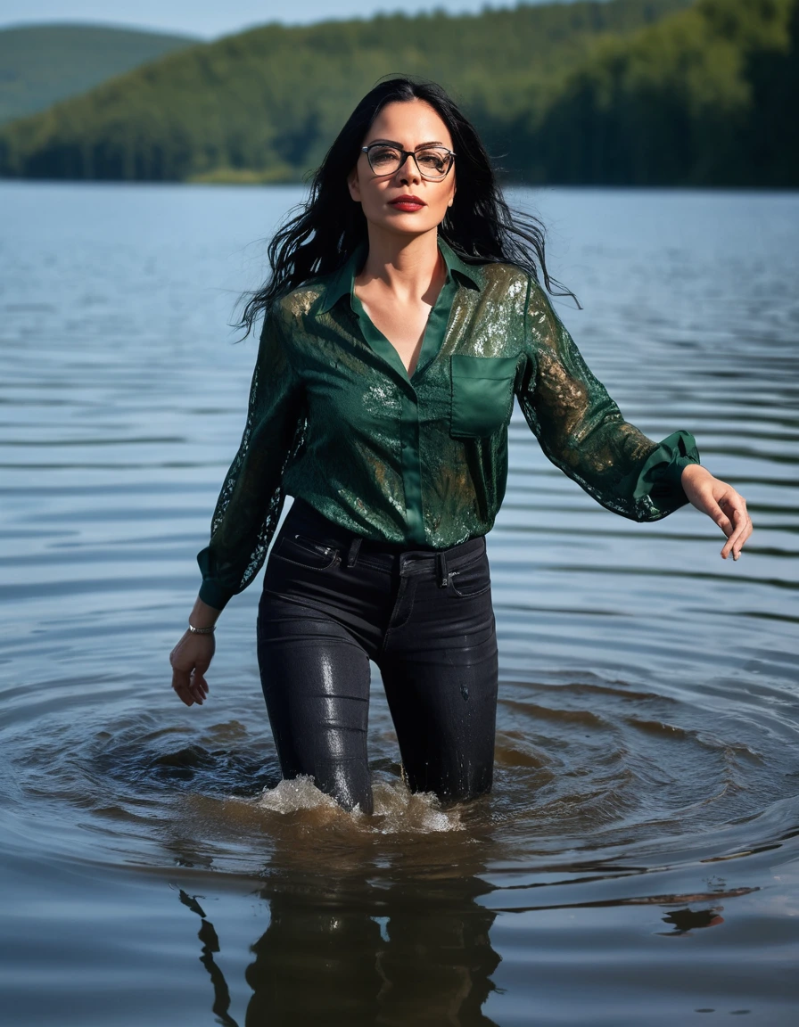photo of young woman, in soaking wet, drenched clothes,
office shoes , long black tight jeans, dark green silk lace shirt, walking submerged in sunny deep lake, 
enjoying, wet clothes stuck to body,
detailed textures of the wet clothes, wet face, wet plastered hair,
wet, drenched, professional, high-quality details, full body view.
sharp focus, ultra-high pixel detail, realistic, high-quality, full colors, incredibly detailed, 4k, 8k, 16k, hyper-realistic, RAW photo, masterpiece, ultra-detailed, professionally color graded, professional photograph, woman 51 years old, long black hair, very big and thick lips, office glasses, complete body, open mouth