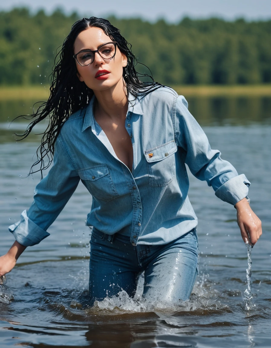 photo of young woman, in soaking wet, drenched clothes,
office shoes , long light blue jeans, light blue jeans shirt, walking submerged in sunny deep lake, 
enjoying, wet clothes stuck to body,
detailed textures of the wet clothes, wet face, wet plastered hair,
wet, drenched, professional, high-quality details, full body view.
sharp focus, ultra-high pixel detail, realistic, high-quality, full colors, incredibly detailed, 4k, 8k, 16k, hyper-realistic, RAW photo, masterpiece, ultra-detailed, professionally color graded, professional photograph, woman 51 years old, long black hair, very big and thick lips, office glasses, complete body, open mouth