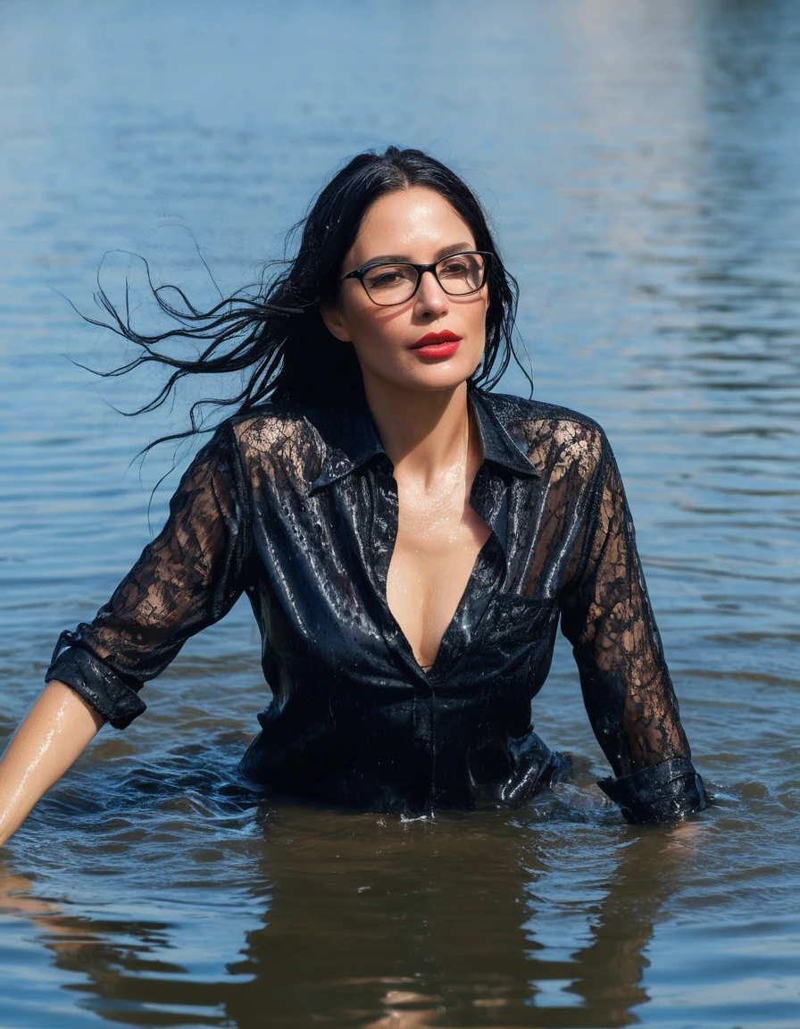 photo of young woman, in soaking wet, drenched clothes,
office shoes , long light blue jeans, black silk lace shirt, walking submerged in sunny deep lake, 
enjoying, wet clothes stuck to body,
detailed textures of the wet clothes, wet face, wet plastered hair,
wet, drenched, professional, high-quality details, full body view.
sharp focus, ultra-high pixel detail, realistic, high-quality, full colors, incredibly detailed, 4k, 8k, 16k, hyper-realistic, RAW photo, masterpiece, ultra-detailed, professionally color graded, professional photograph, woman 51 years old, long black hair, very big and thick lips, office glasses, complete body, open mouth