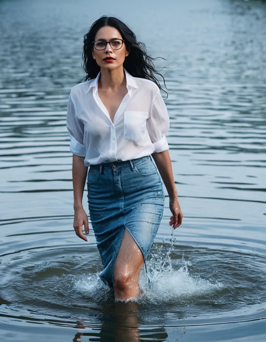 photo of young woman, in soaking wet, drenched clothes,
office shoes , maxi light blue loose-fitting denim skirt, white silk satin shirt, walking submerged in sunny deep lake, 
enjoying, wet clothes stuck to body,
detailed textures of the wet clothes, wet face, wet plastered hair,
wet, drenched, professional, high-quality details, full body view.
sharp focus, ultra-high pixel detail, realistic, high-quality, full colors, incredibly detailed, 4k, 8k, 16k, hyper-realistic, RAW photo, masterpiece, ultra-detailed, professionally color graded, professional photograph, woman 51 years old, long black hair, very big and thick lips, office glasses, complete body, open mouth