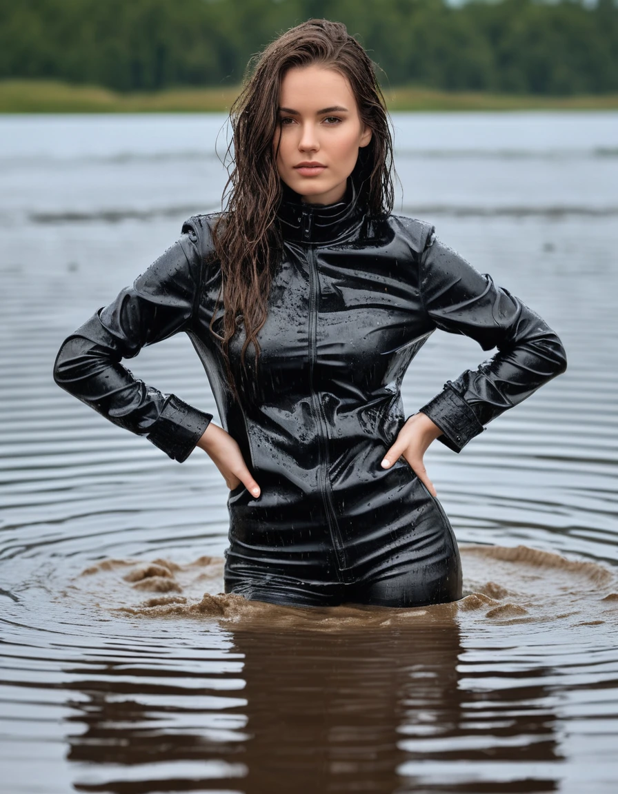 photo of young woman, in soaking wet, drenched clothes,
Muddy black leather knee-high high heeled boots, skin tight black leather jeans, black silk long sleeve polar neck shirt, black leather trench coat, Clear Mountain lake with heavy rain, laying submerged in the water, super close up, 
enjoying, wet clothes stuck to body,
detailed textures of the wet clothes, wet face, wet plastered hair,
wet, drenched, professional, high-quality details, full body view.
sharp focus, ultra-high pixel detail, realistic, high-quality, full colors, incredibly detailed, 4k, 8k, 16k, hyper-realistic, RAW photo, masterpiece, ultra-detailed, professionally color graded, professional photograph, white woman, long dripping wet brown hair